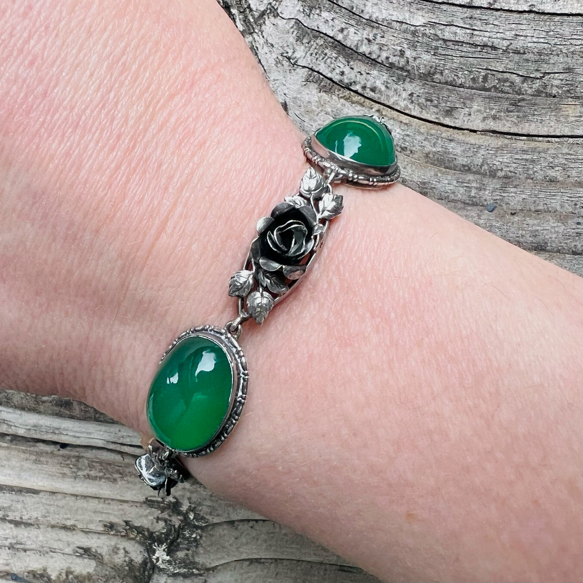 Glowing Green Chrysoprase & Silver Rose Bracelet