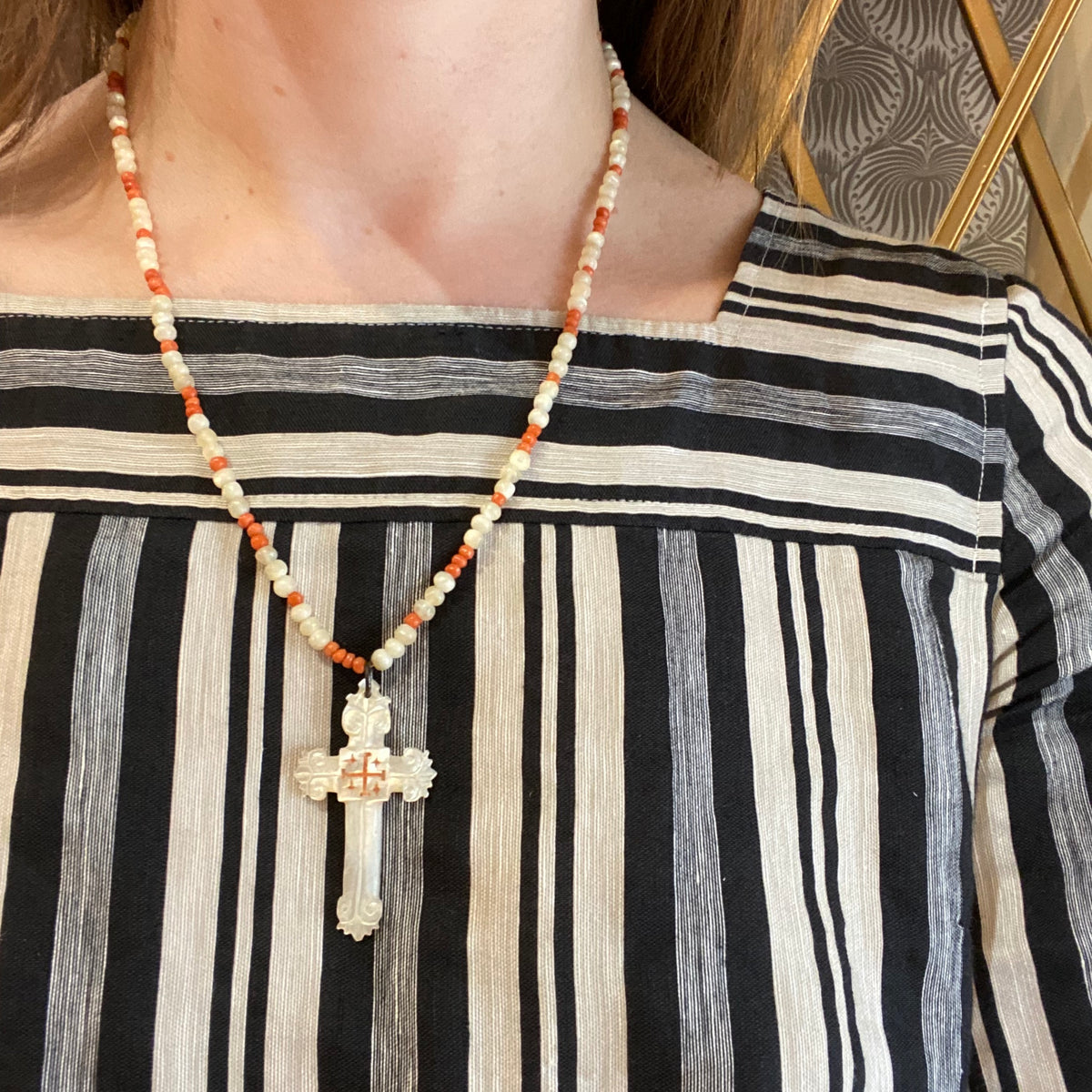 Antique Mother of Pearl Cross Beaded Necklace
