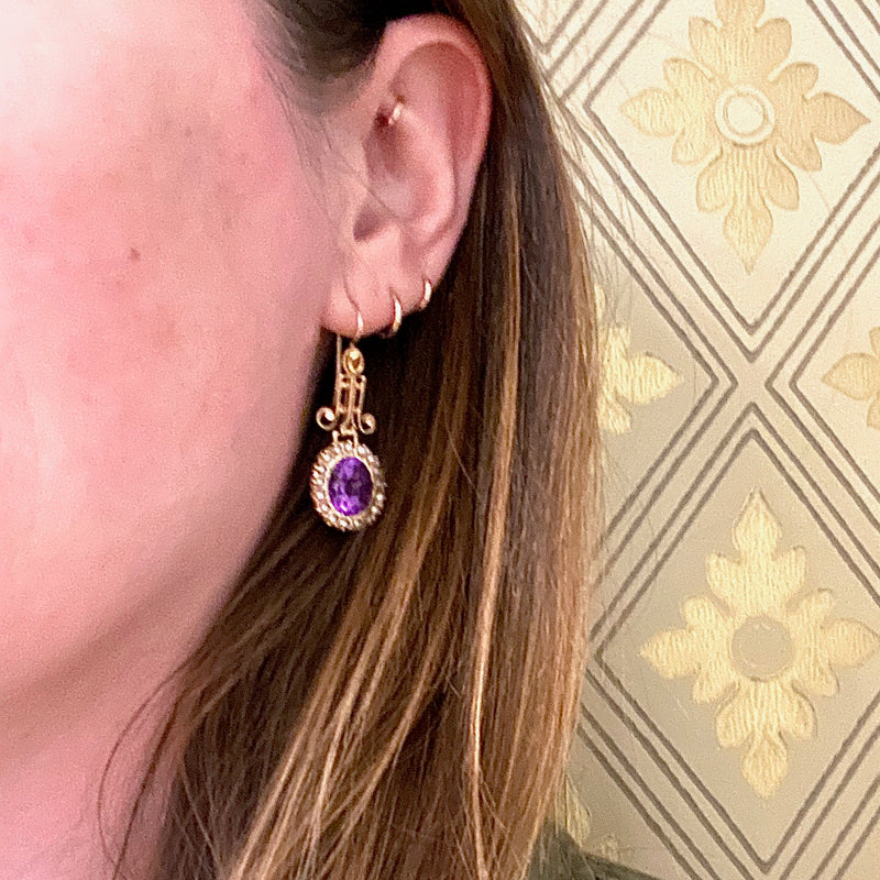 Striking Vintage Amethyst and Pearl Gold Earrings