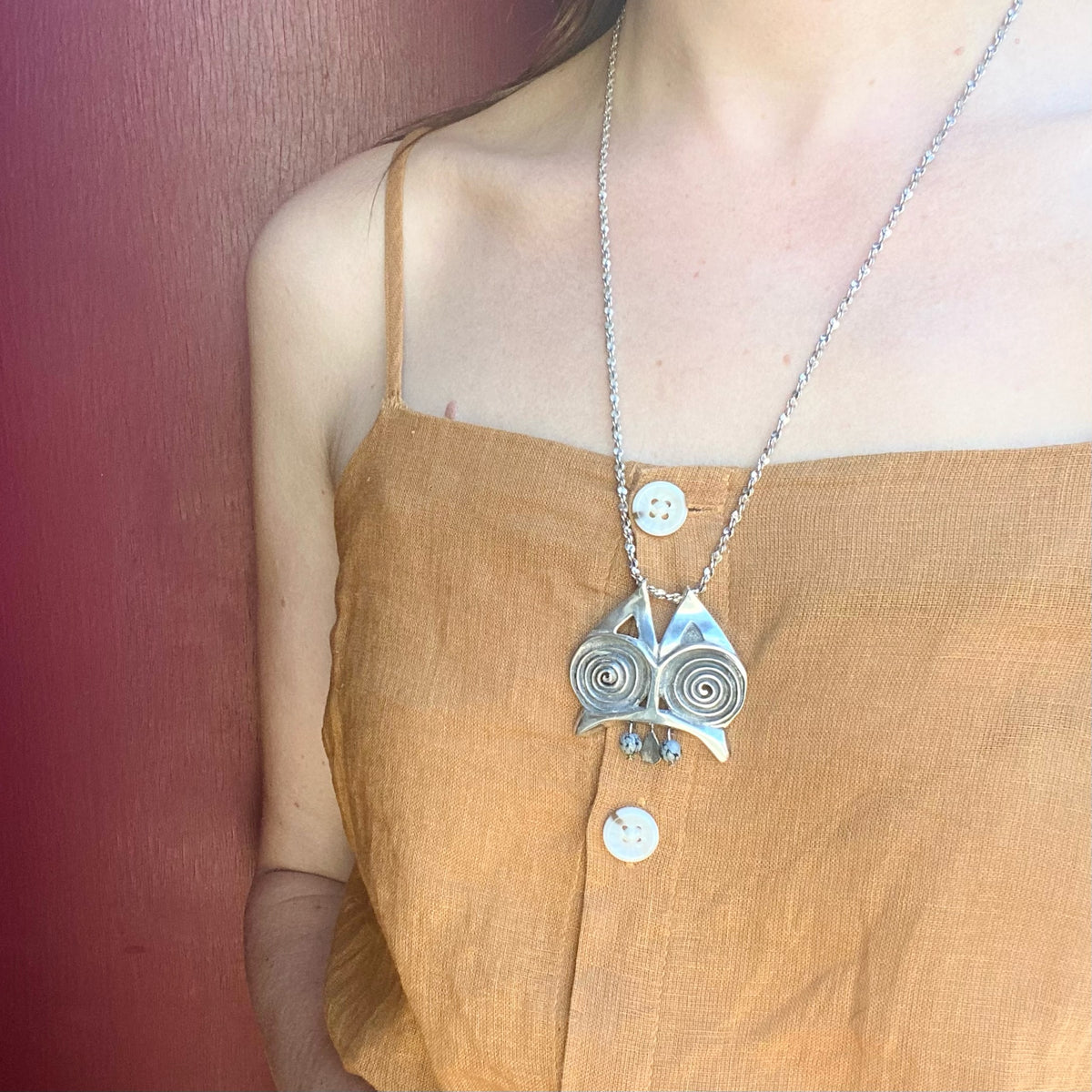 Stylized Sterling Silver Owl Necklace