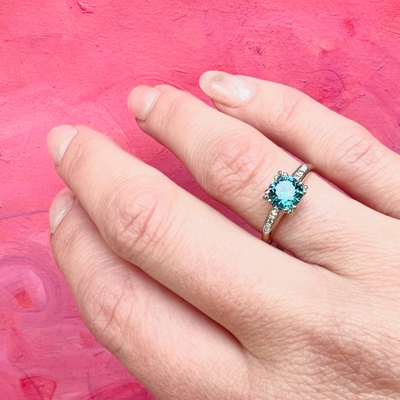 Natural Blue Zircon Two Tone Ring with Diamond Accents