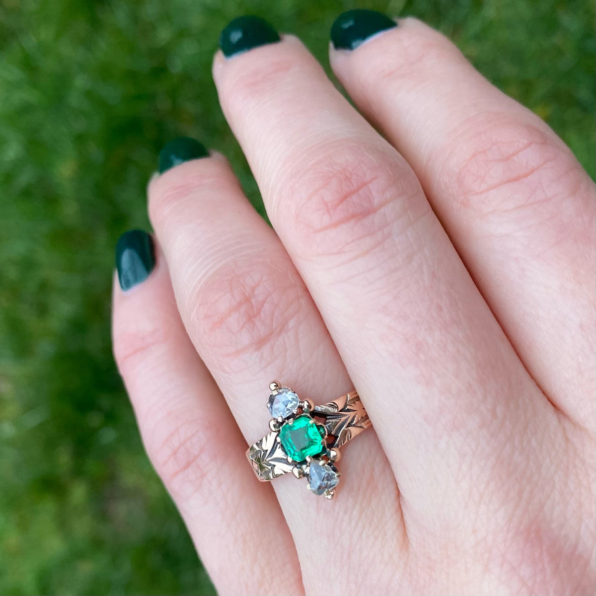 Vibrant Green Emerald with Juicy Rose Cut Diamonds