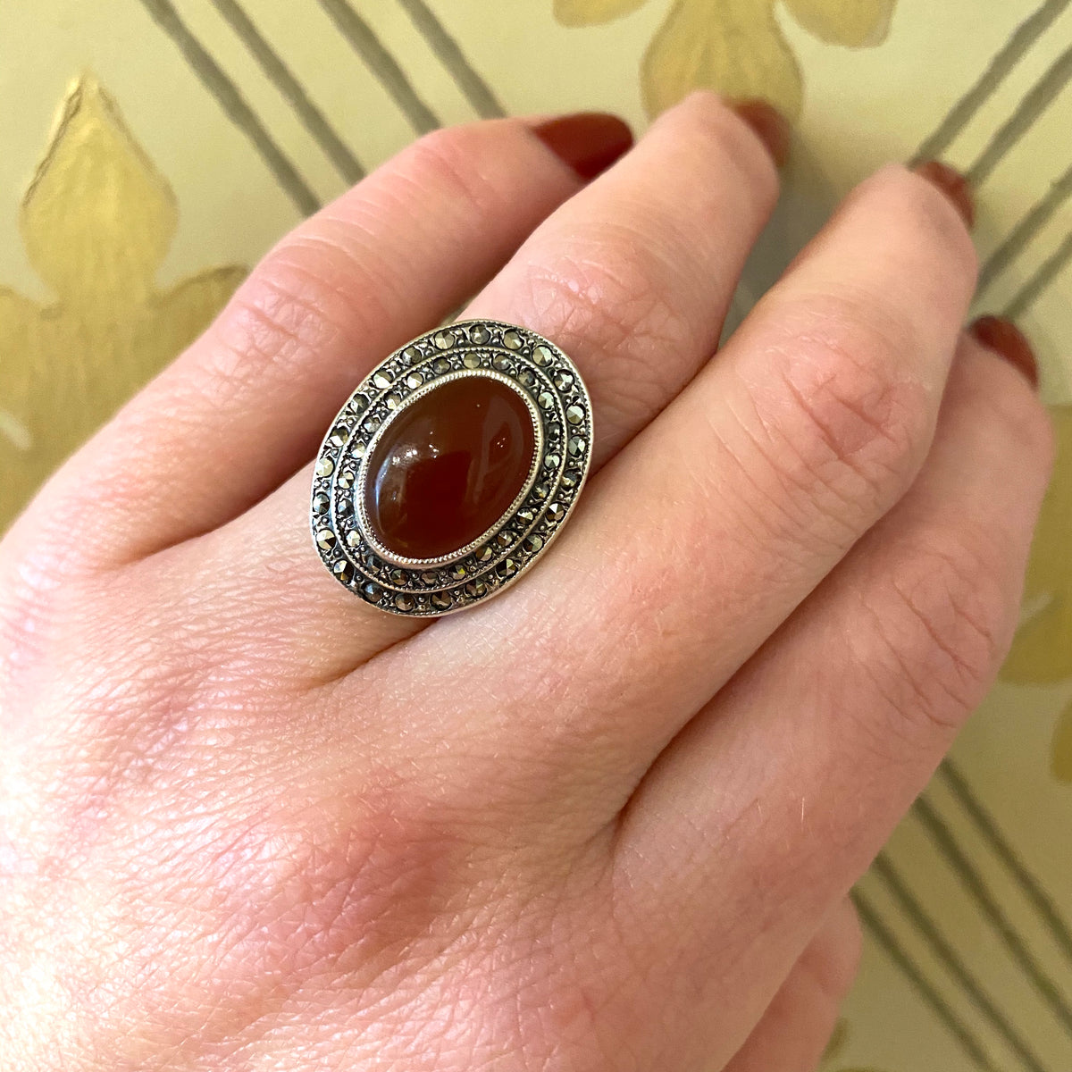 Double Halo Marcasite & Carnelian Art Deco Ring