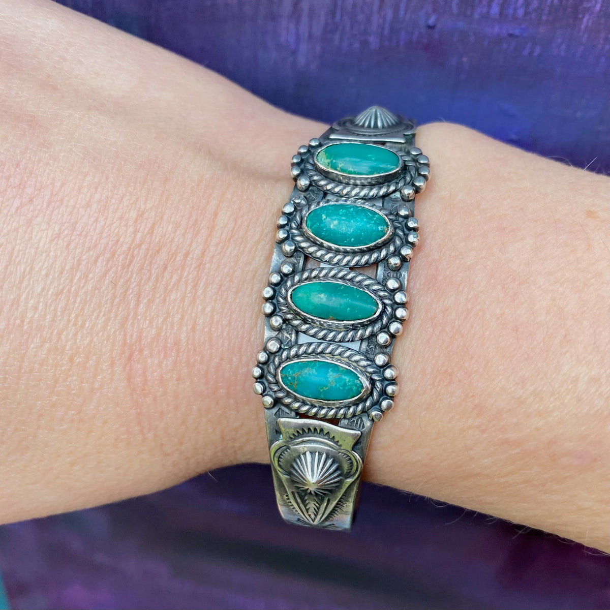 Coin Silver and Turquoise Cuff Bracelet