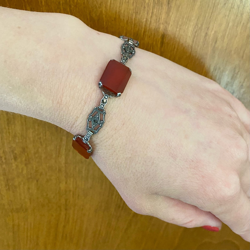 Glamorous Carnelian & Silver Bracelet with Marcasite