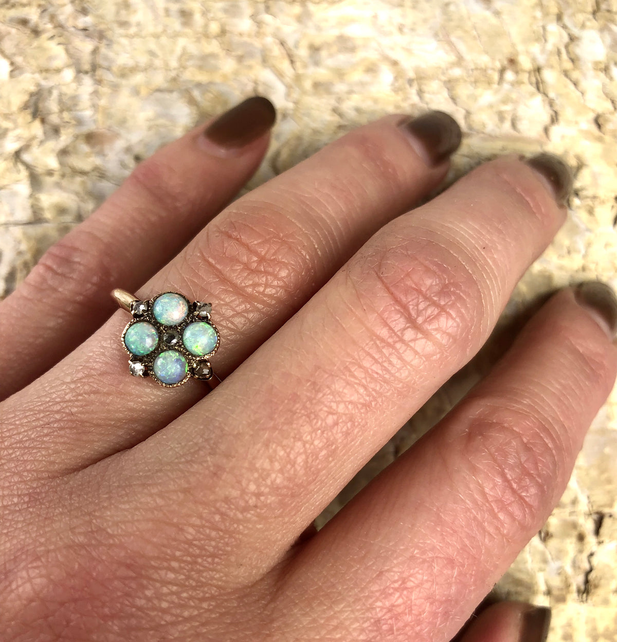 Fiery Antique Opal Ring with Rose Cut Diamonds