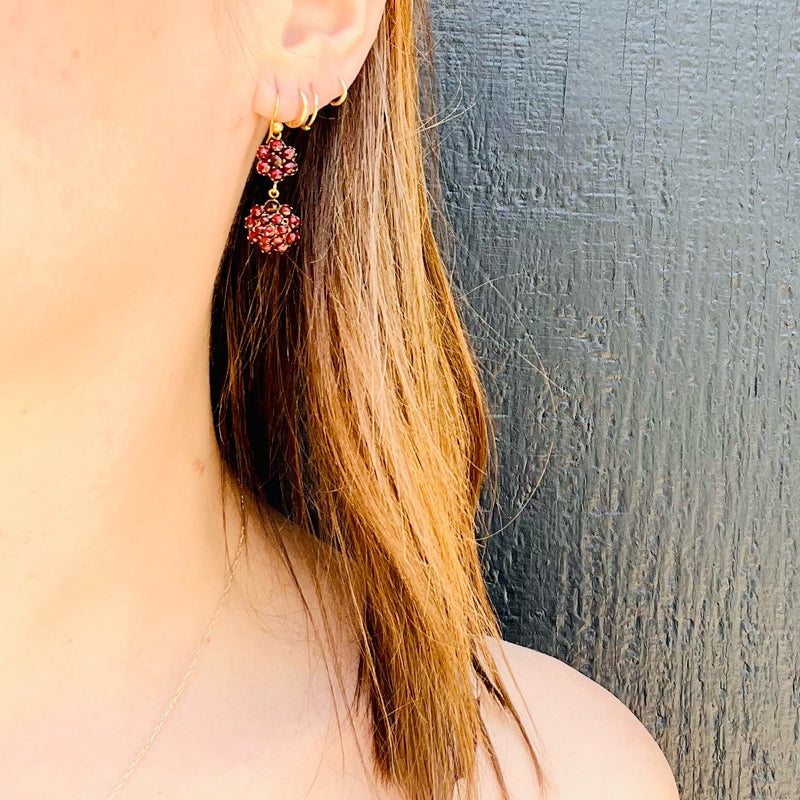 Antique Garnet Cluster Flower Drop Earrings