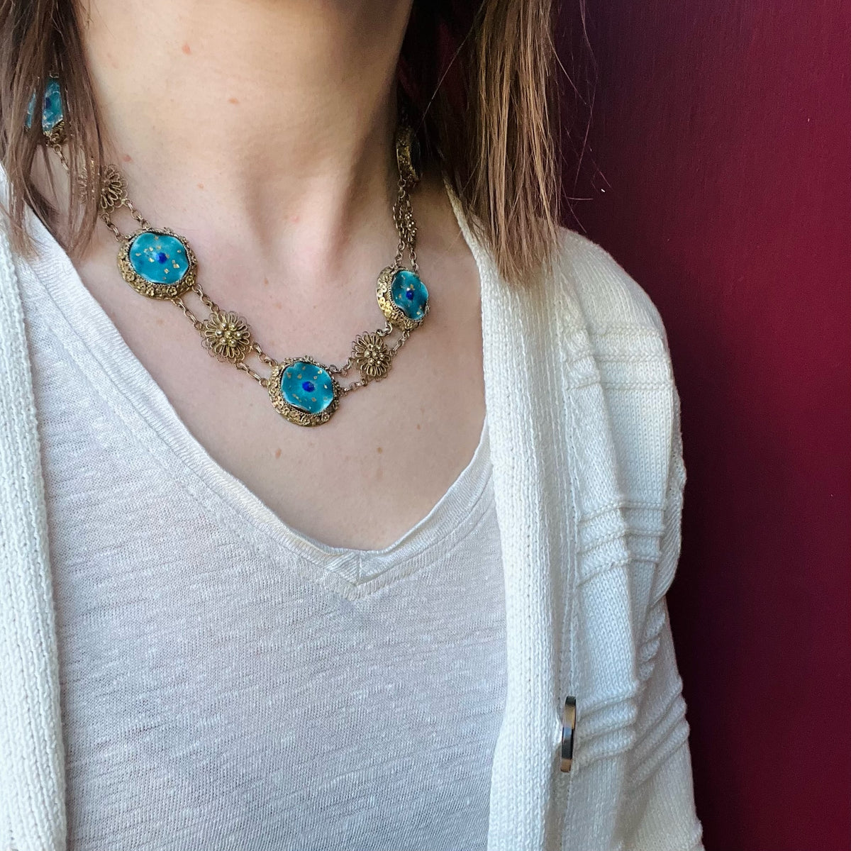 Playful Chinese Enameled Silver Filigree Necklace