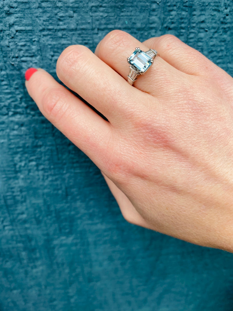 Elevated Classic 1940s Aquamarine Platinum Engagement Ring