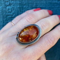 European Baltic Amber & Sculpted Silver Ring