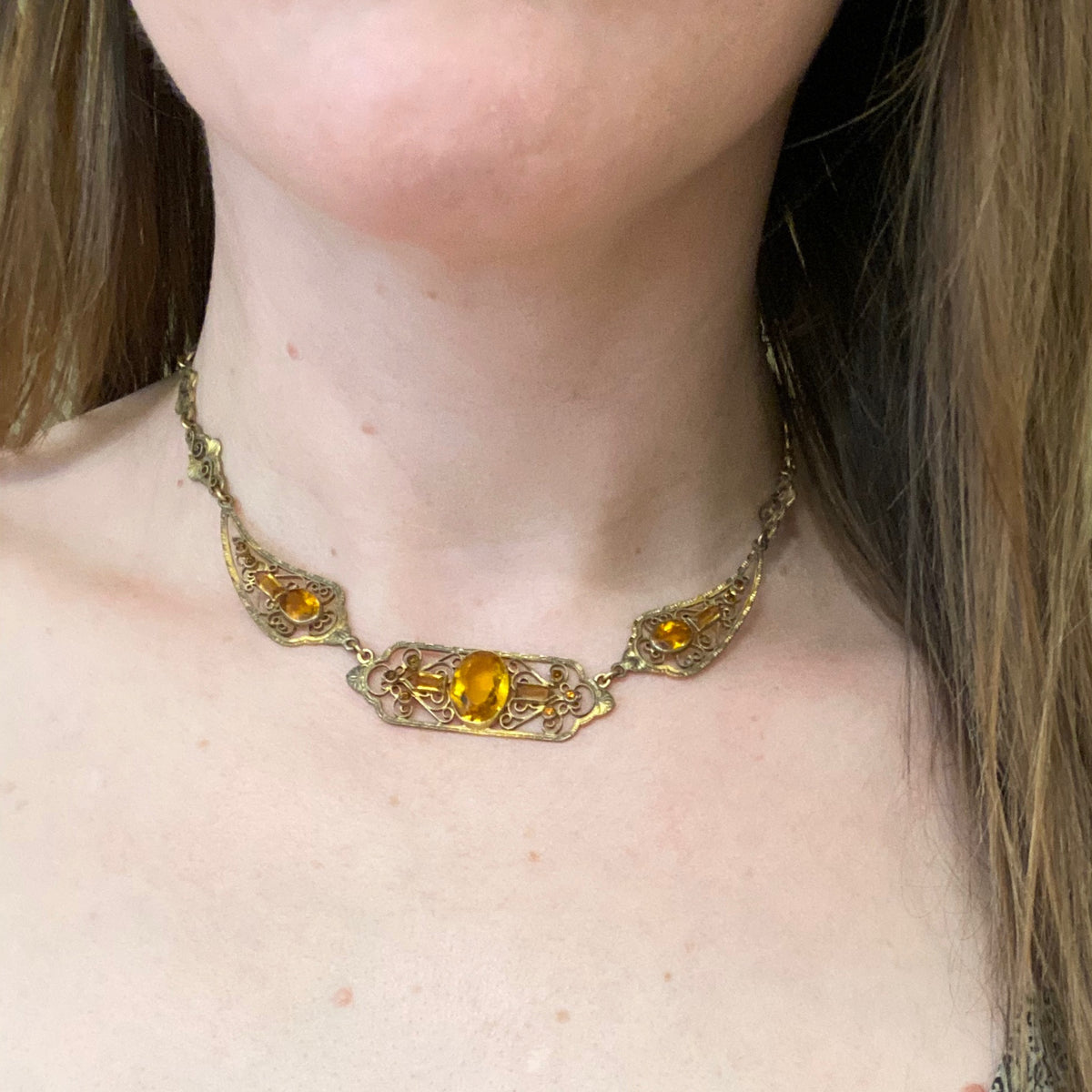 Czech Art Deco Collar in Brass and Golden Glass