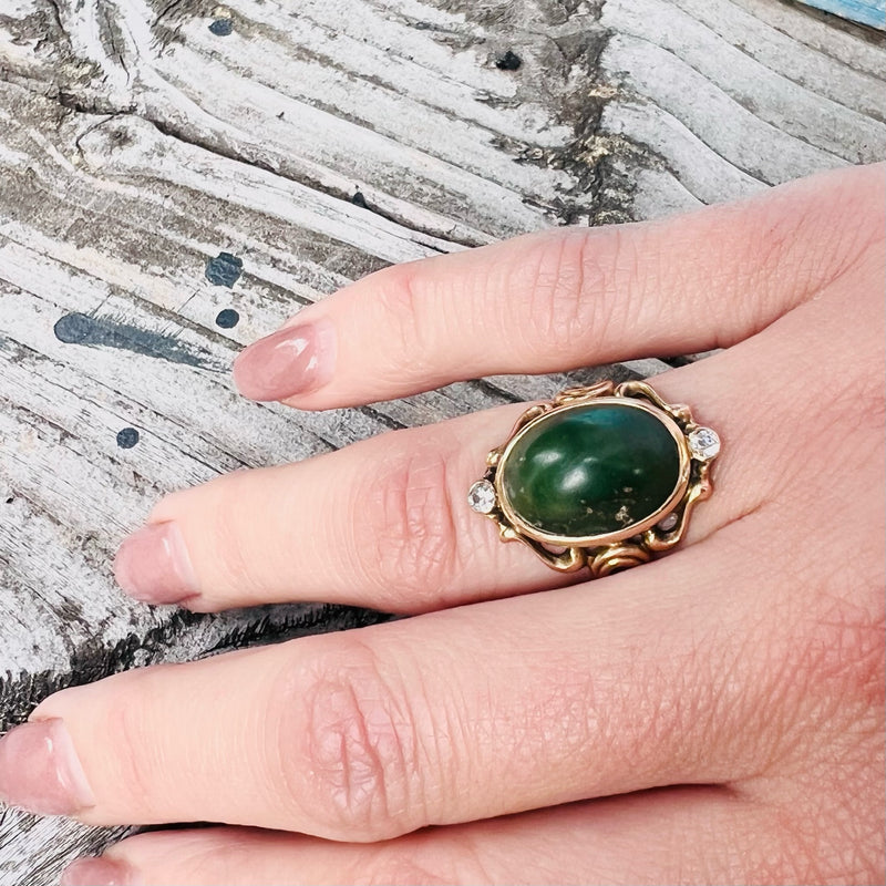 Lovely Art Nouveau Green Turquoise and Diamond Ring