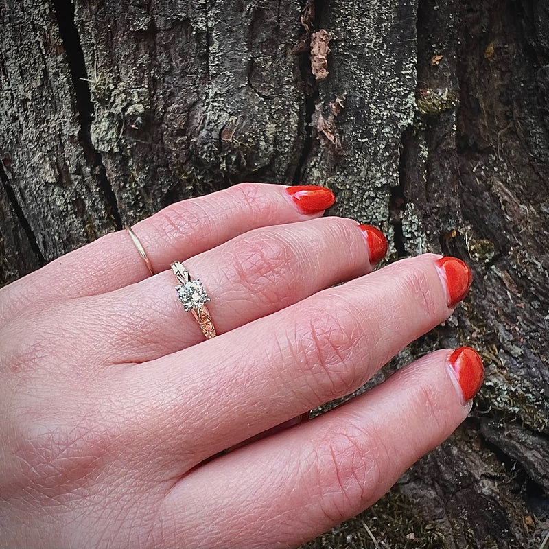 Classic Diamond Solitaire with Sculpted Gold Flowers