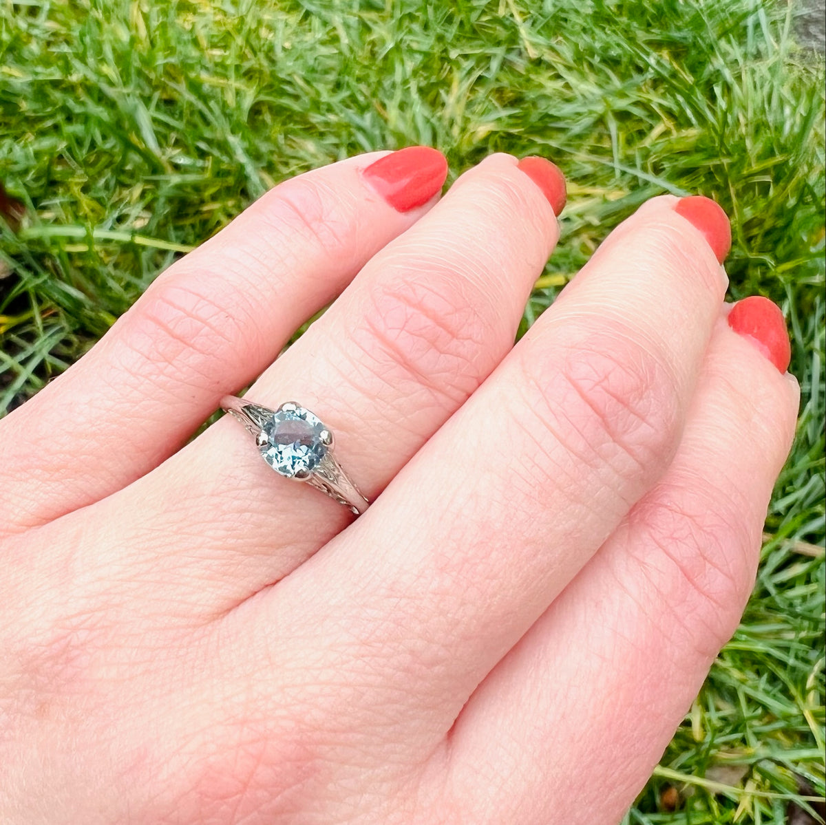 Aquamarine White Gold 1920's Filigree Ring