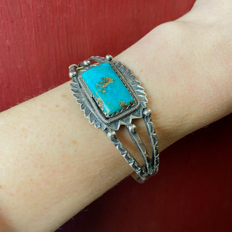 Coin Silver & Turquoise Cuff with Exquisite Details