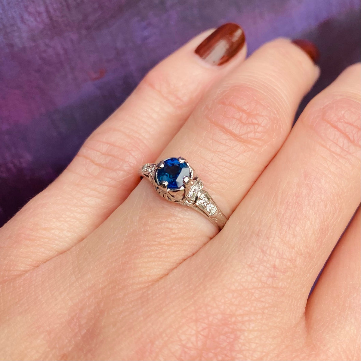 Deco Sapphire & Diamond Platinum Filigree Engagement Ring