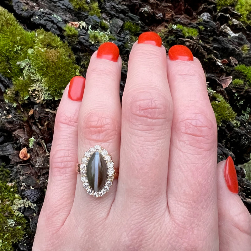 Superb Banded Agate OMC Diamond Halo Ring