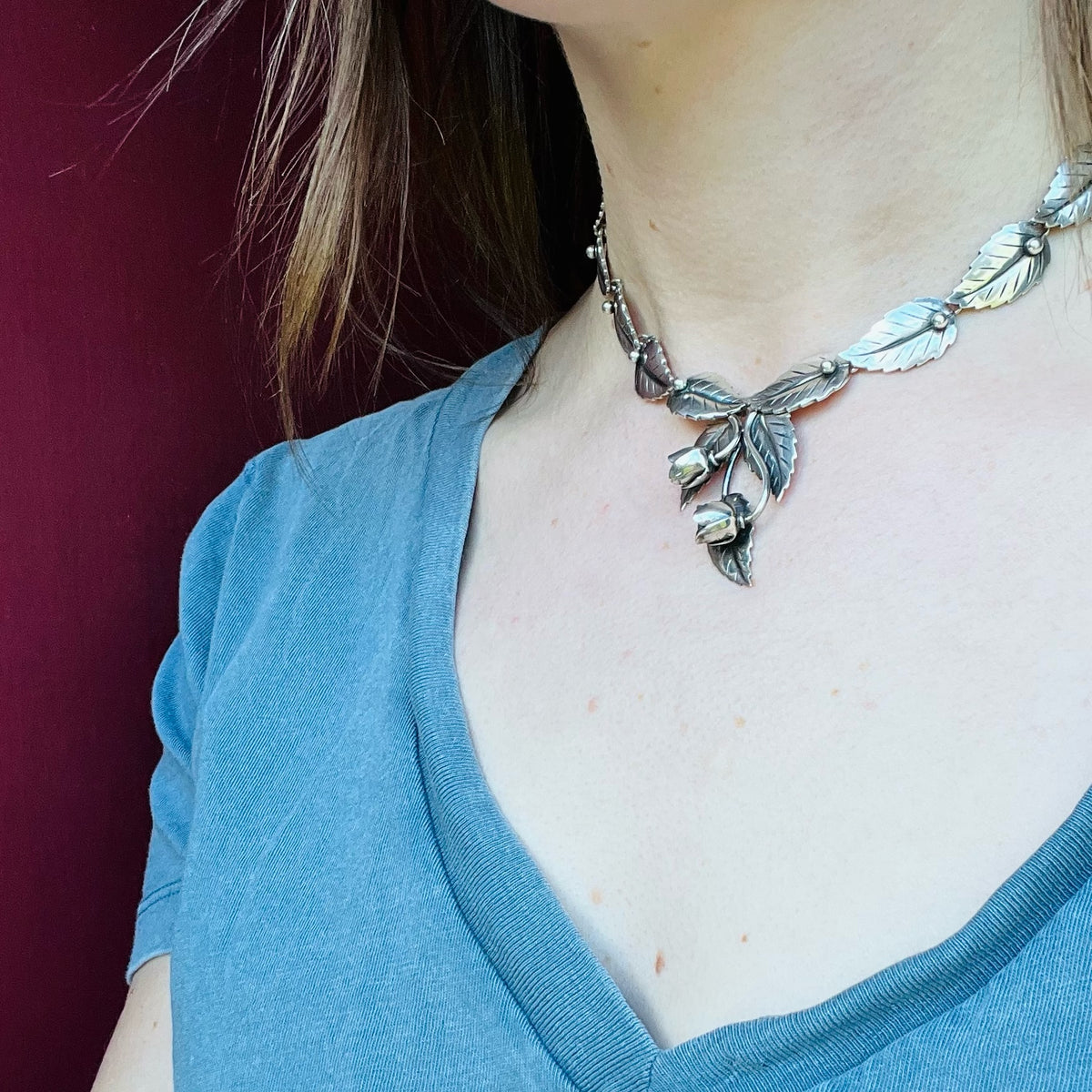 Danish Modern Silver Leaf & Flower Necklace