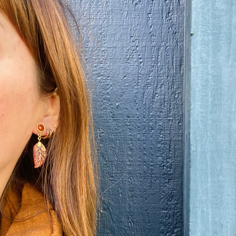 Red Jade Carved Leaf Earrings