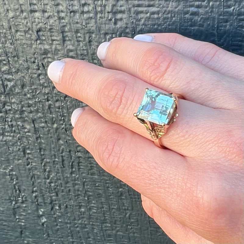 Aquamarine in Leafy Gold Cocktail Ring