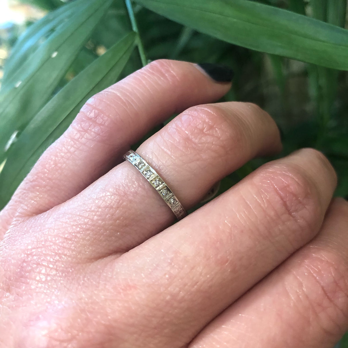 Hand Engraved 1920's White Gold 5 Diamond Band