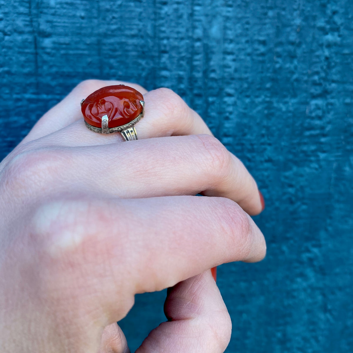 Carved Carnelian in Silver Forget Me Not Ring