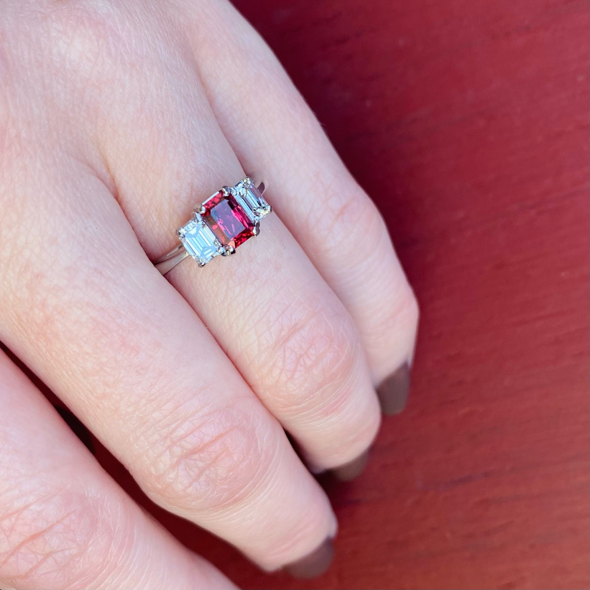 Radiant Red Spinel Mid Century Style Platinum Ring