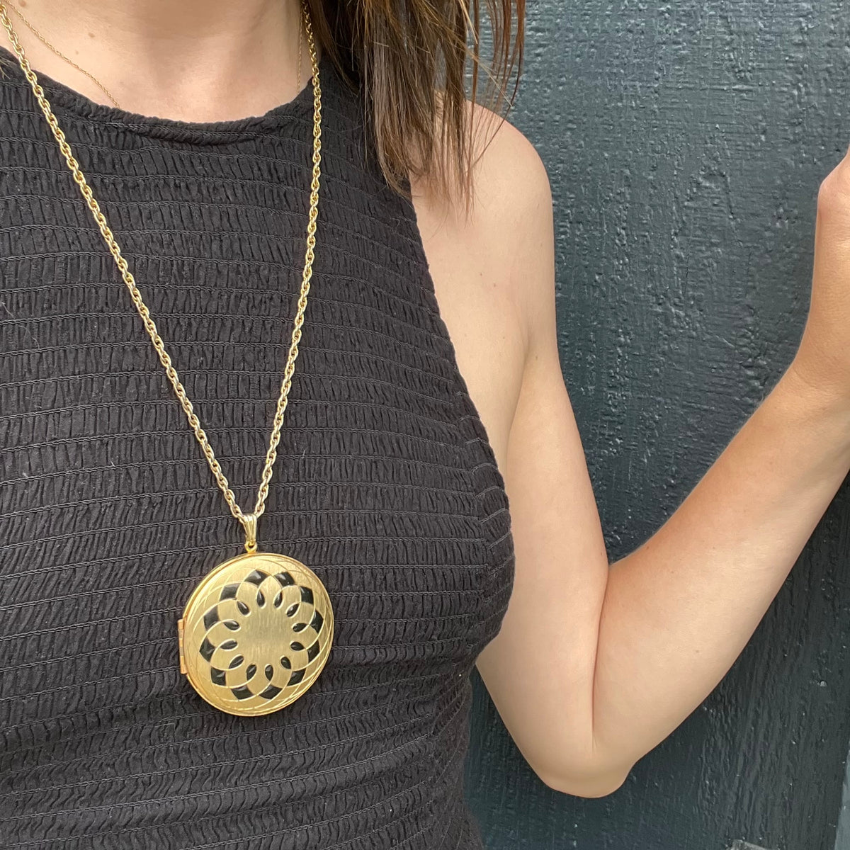 Large 1970s Locket with Black Enameled Detail