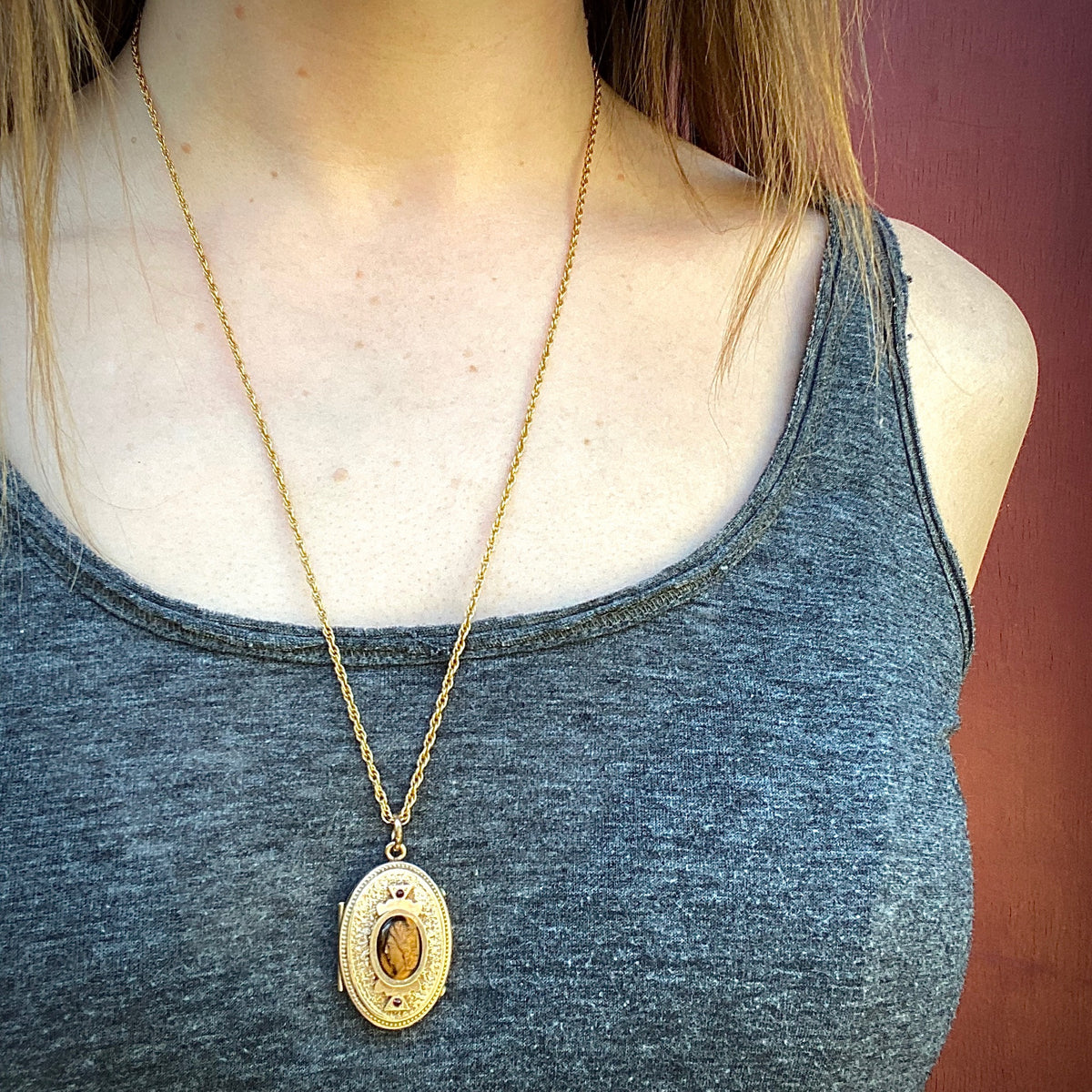 Victorian Locket with Tigers Eye Cameo and Garnets