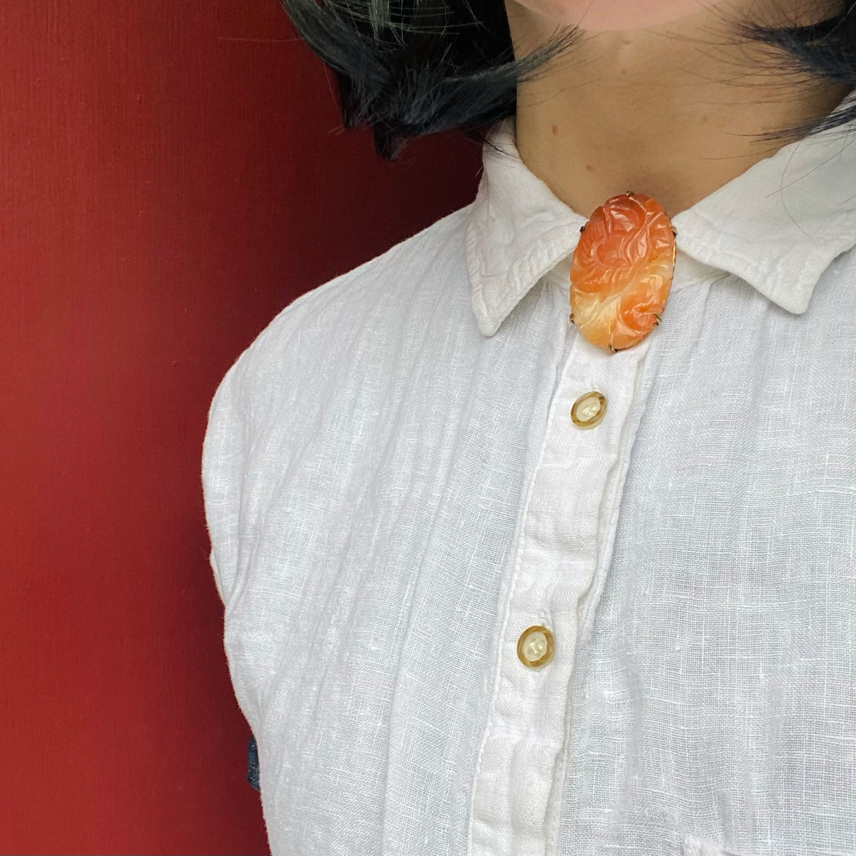 Carved Orange Jade Deco Dress Clip
