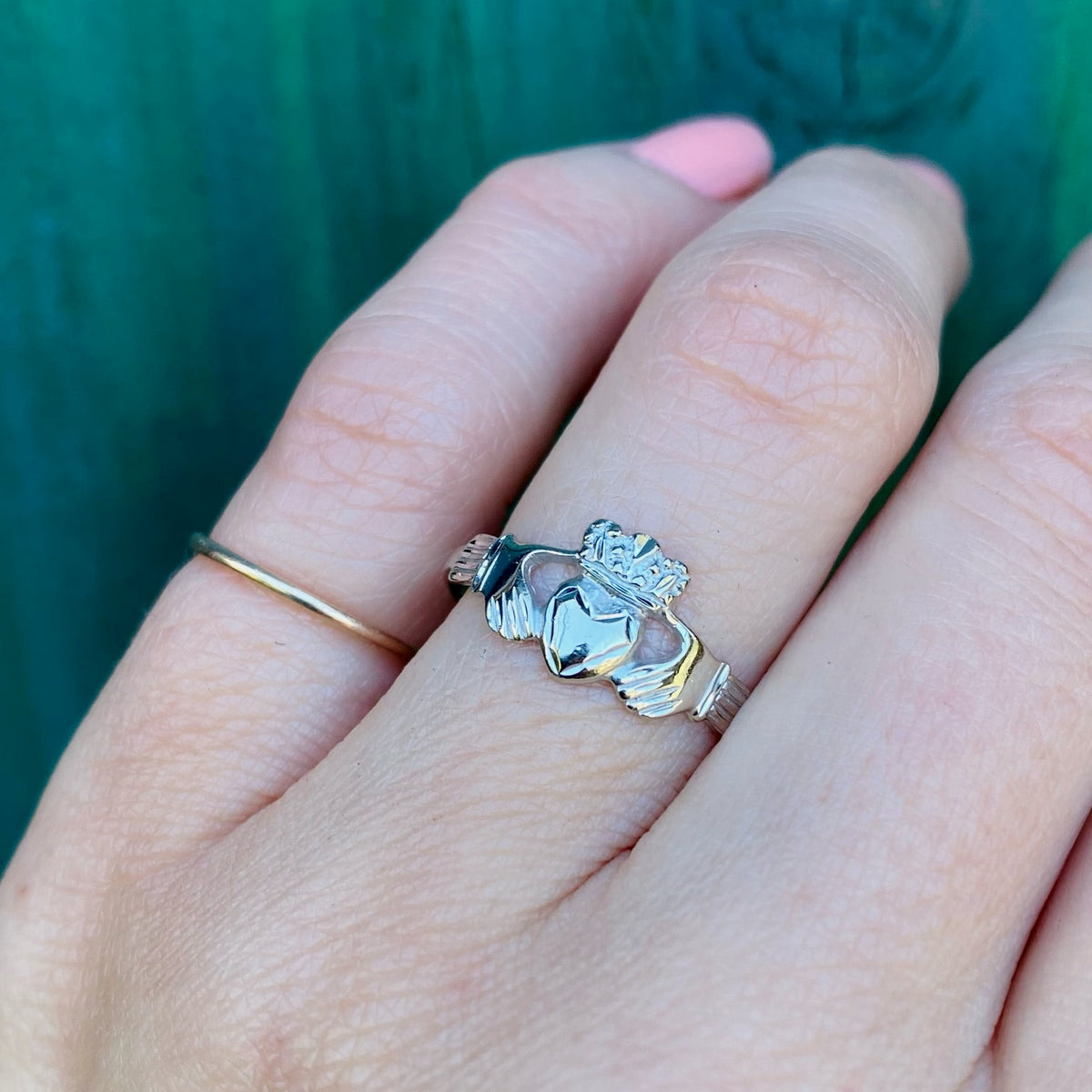 Modern Claddagh Irish Wedding Band in White Gold
