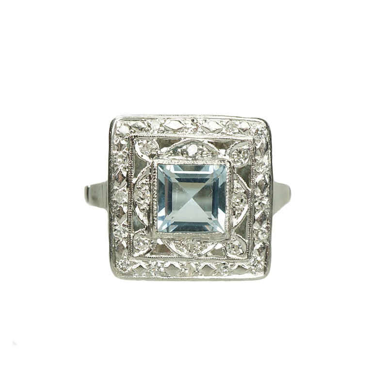 Beautiful Square Aquamarine Art Deco Ring