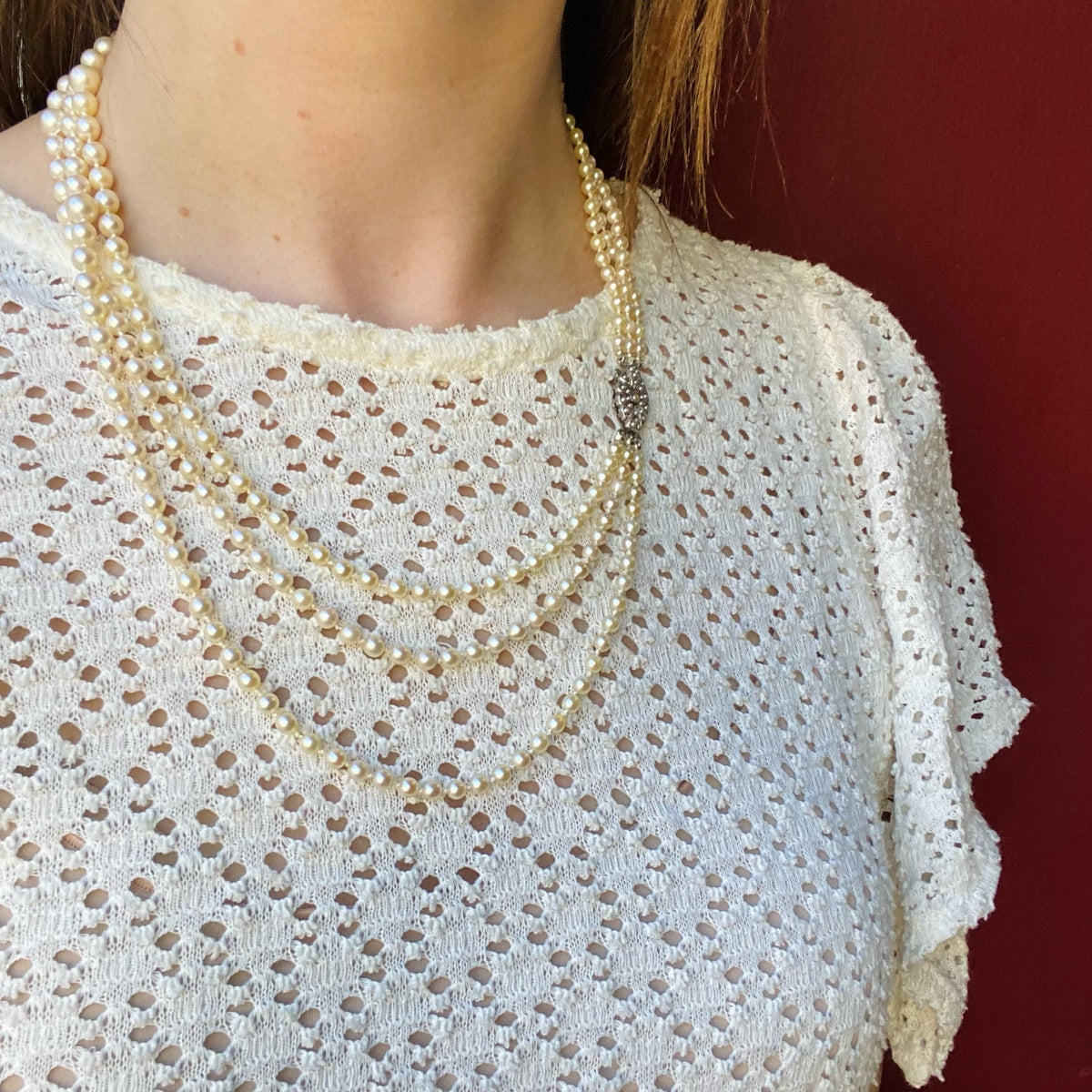 Three-Strand Pearl Necklace with Gorgeous Silver Clasp