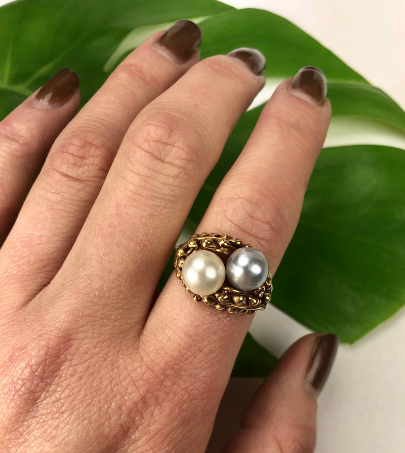 Ming's 14k Yellow gold and Double Pearl Ring