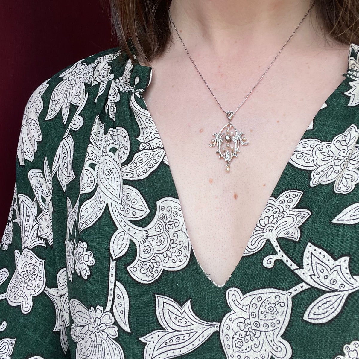 French Platinum and 18k Diamond and Pearl Pendant
