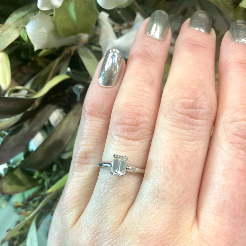 Mid Century Emerald Step Cut Diamond Solitaire