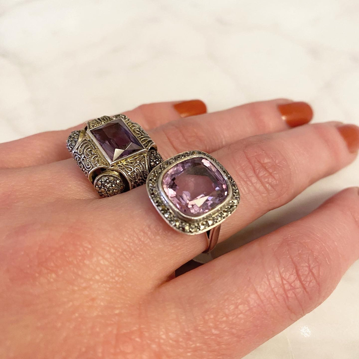 Amethyst and Marcasite Fahrner Silver Gilt Ring