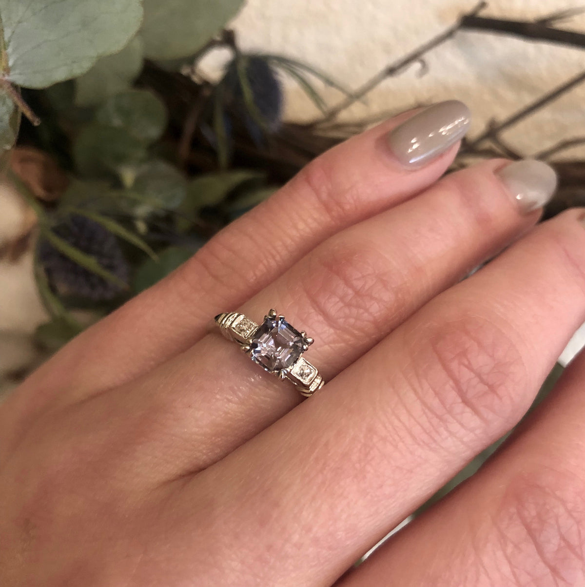 Square Step Cut Grey Spinel Platinum Engagement Ring