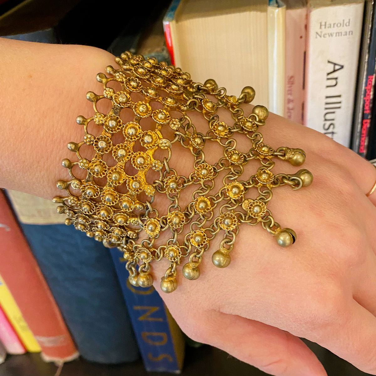 Floral Gilt Filigree Indian Bracelet with Bells