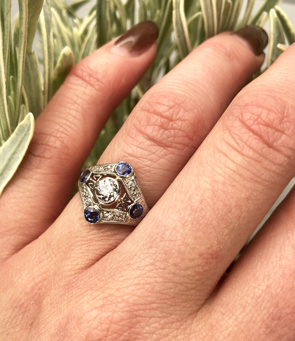 Platinum Diamond and Sapphire Edwardian Ring