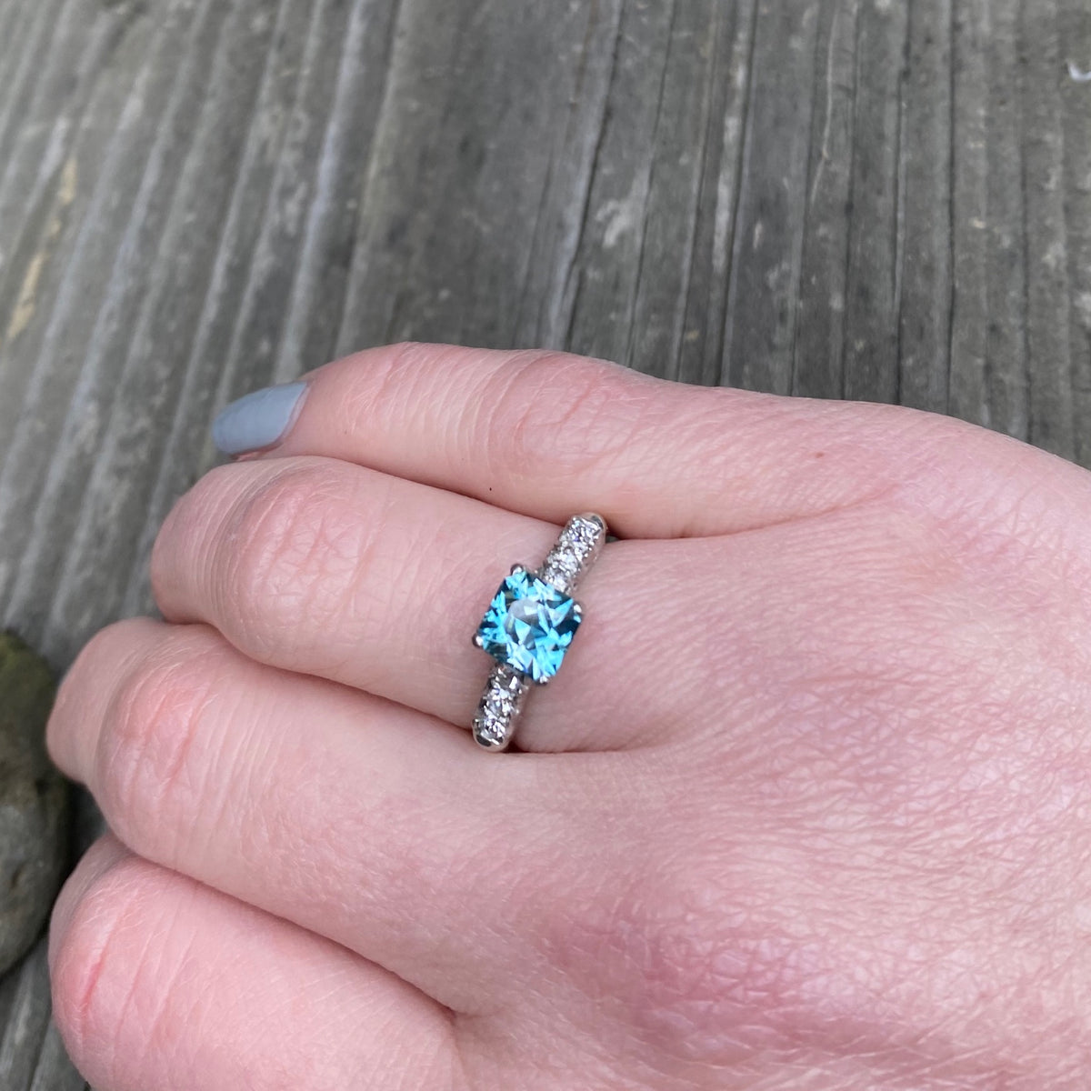 French Cut Blue Zircon and Diamond Engagement Ring