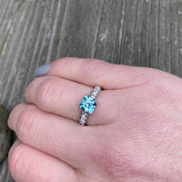 French Cut Blue Zircon and Diamond Engagement Ring
