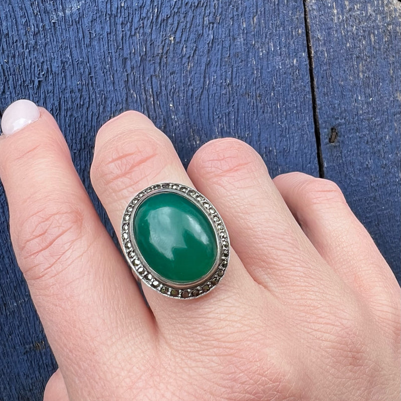 Perfect Green Chrysoprase Marcasite & Sterling Ring