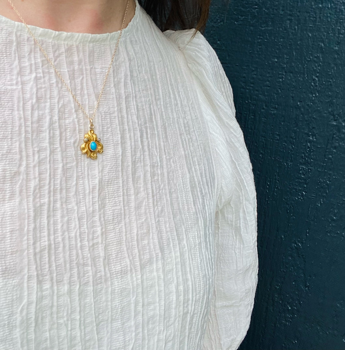 Art Nouveau Gold Iris Pendant with Turquoise & Pearl