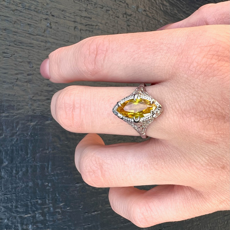 Startling Yellow Uranium Glass Filigree Ring