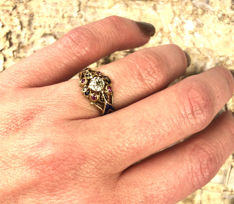 Diamond and Ruby 18k Gold French Ring