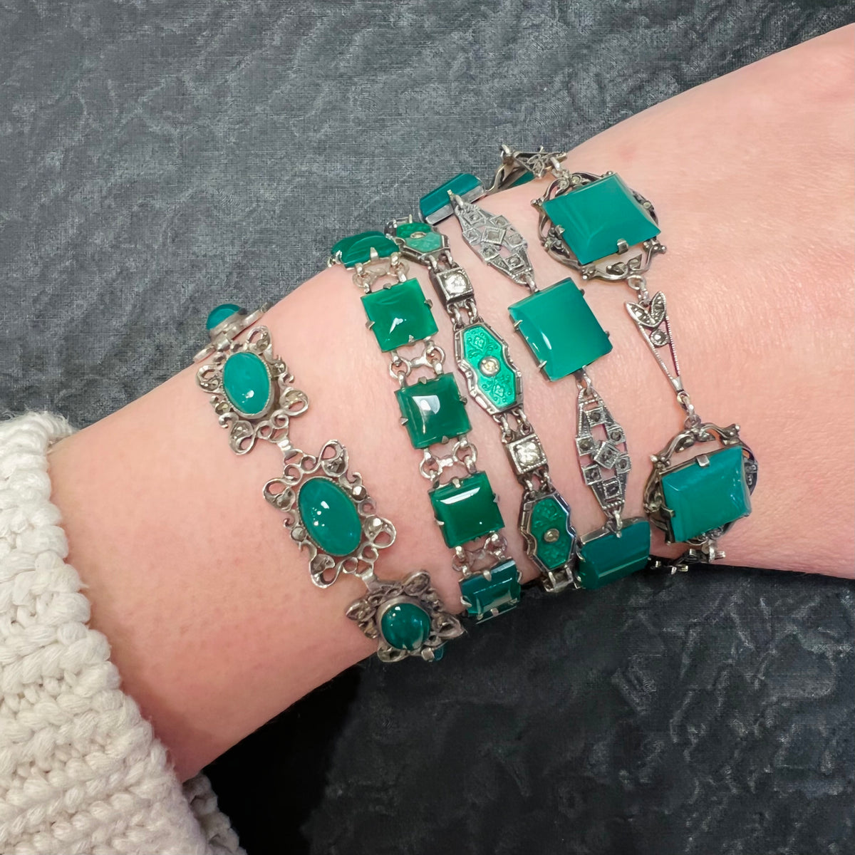 Deco Beauty Sterling Marcasite Chrysoprase Bracelet