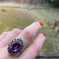 Amethyst Ring with Silver Whorls & Glittering Marcasites