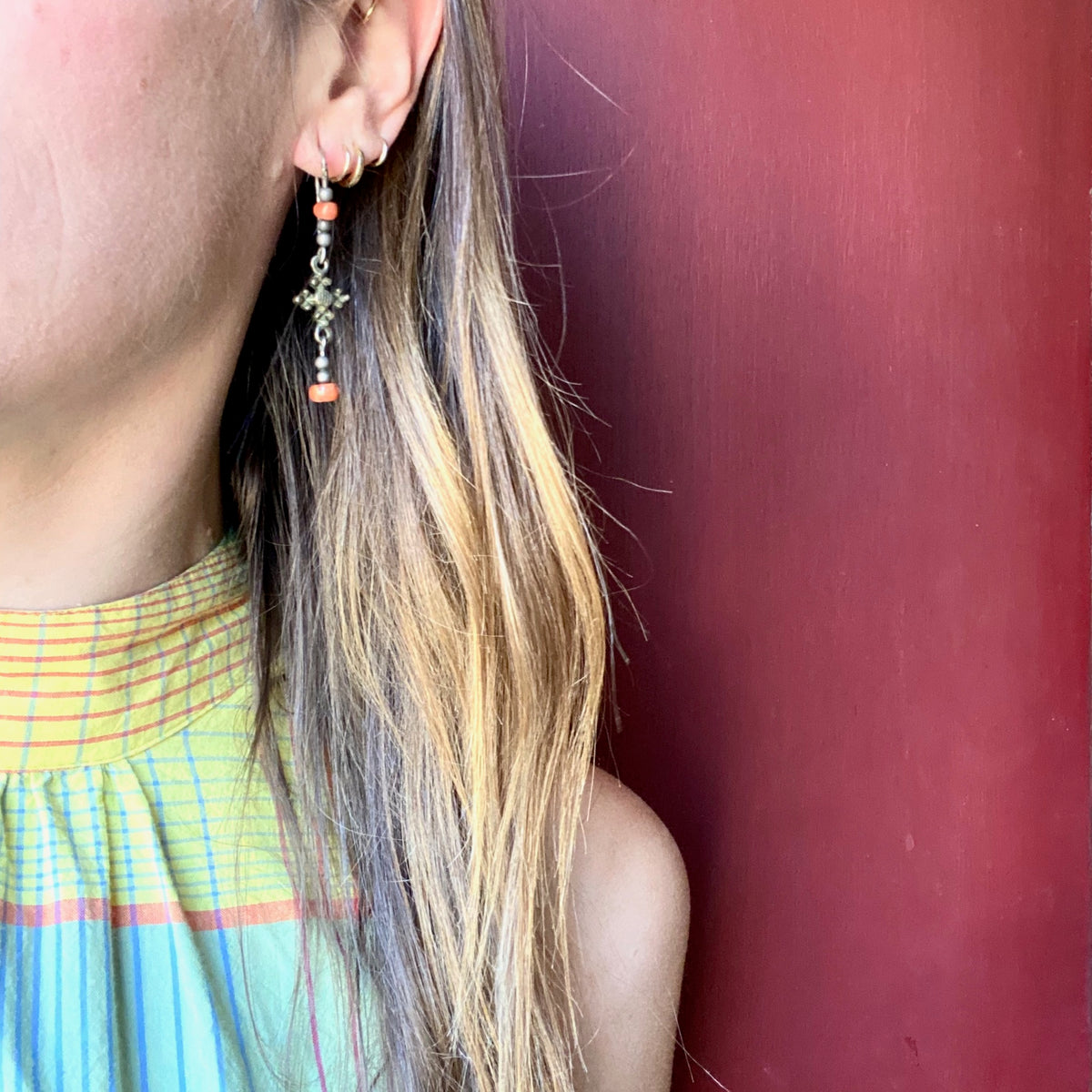 Delicate Ethiopian Brass Silver & Bead Earrings