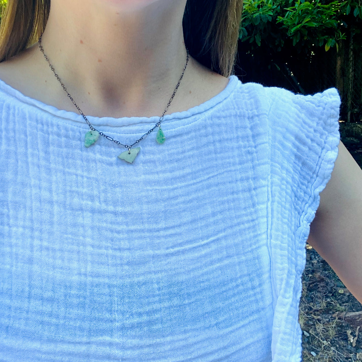 Antique Jade Bits on Silver Figaro Necklace